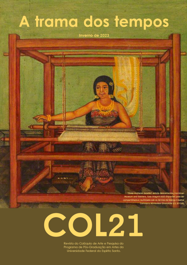 Pintura vertical dividida ao meio por uma linha preta. Na parte superior, uma mulher de pele marrom manuseia o tear de madeira. Na parte inferior, outra mulher de pele marrom manuseia uma roca.