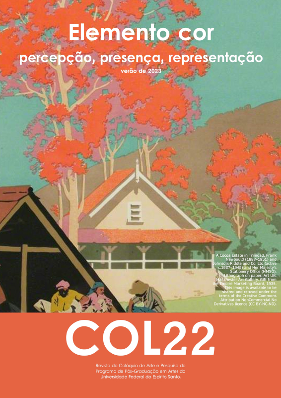 Gravura que mostra a colheita do cacau em cores vivas, com grande contraste entre copas das árvores, ao fundo, alaranjadas e arroxeadas, o céu azul claro esverdeado, um montanha em verde escuro, quase marrom. Um plano mais próximo, há arvores baixas, com copas de um verde mais claro, seguidas de uma casa baixa com varanda de colunas brancas e telhado de telhas terracota. À frente da casa há um gramado verde claro e, em primeiro plano, trabalhadores e trabalhadoras negros recolhendo o cacau seco do chão, em balaios palha. Na parte superior, lê-se Elemento cor: percepção, presença, representação. Na parte inferior, lê-se COL22: revista do colóquio de arte e pesquisa do Programa de Pós-graduação em artes da Universidade Federal do Espírito Santo.
