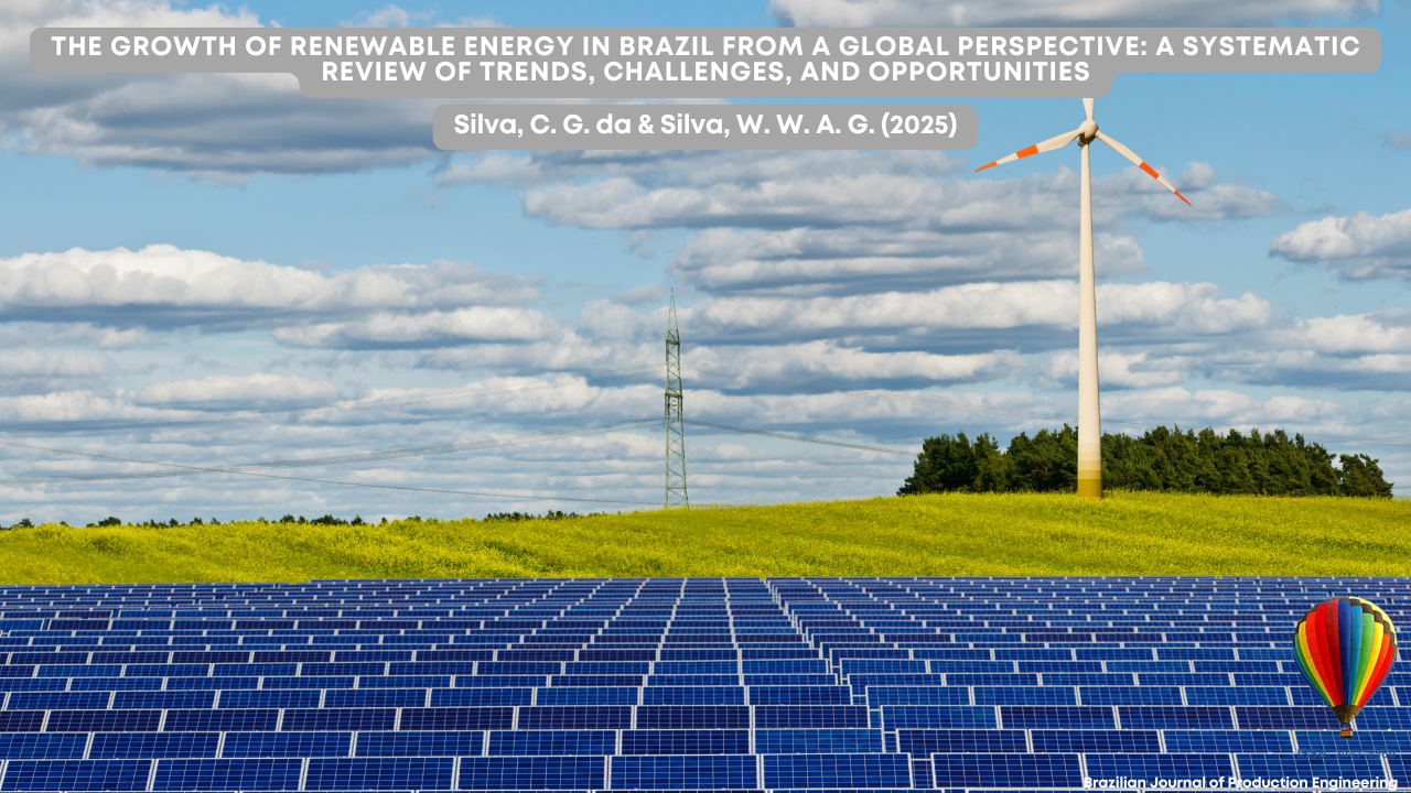 Cover image of the article shows a wide field covered with solar panels in the foreground, a field of yellow flowers in the background, and a wind turbine operating under a blue sky with clouds. The image visually represents the growth of renewable energy in Brazil.