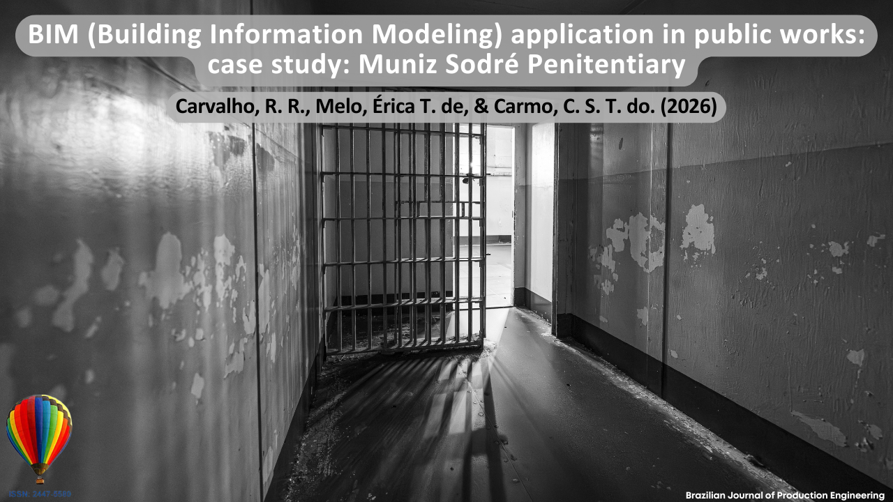 The image presents a grayscale view of the interior corridor of a penitentiary, featuring metal bars, worn walls, and natural light entering from the background. The visual composition refers to the context of prison infrastructure and the challenges related to the management, planning, and modernization of public buildings. The setting is associated with the application of BIM (Building Information Modeling) methodology in public projects, highlighting the use of digital technologies for modeling, information management, and improvement of construction processes in institutional environments such as the Muniz Sodré Penitentiary. At the top, the article title “BIM (Building Information Modeling) Implementation in Public Projects: A Case Study of Muniz Sodré Penitentiary” is displayed, followed by the authors Carvalho, R. R., Melo, Érica T. de, and Carmo, C. S. T. do. (2026). In the lower corner, the identification of the Brazilian Journal of Production Engineering and the journal’s ISSN are shown.
